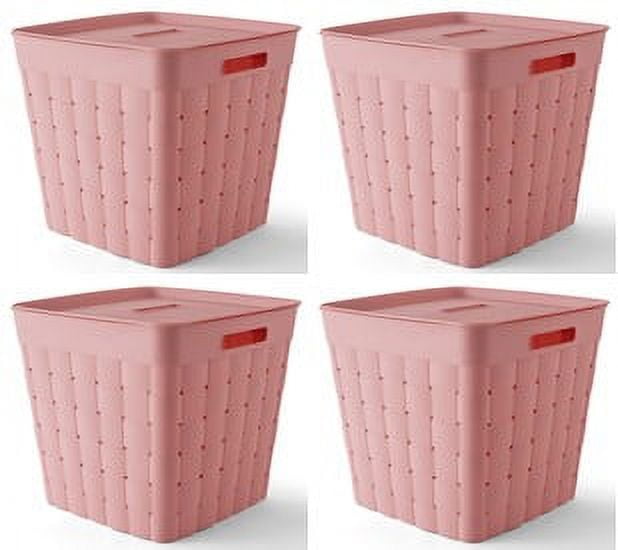 Your Zone Child and Teen Plastic Wide Weave Pink Stacking Storage Bin with Lid, 4 Pack